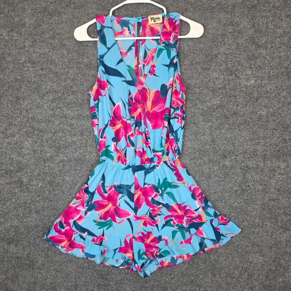 Show Me Your Mumu Riri Romper Womens XS Blue Pink Floral Ruffle Sleeveless‎
